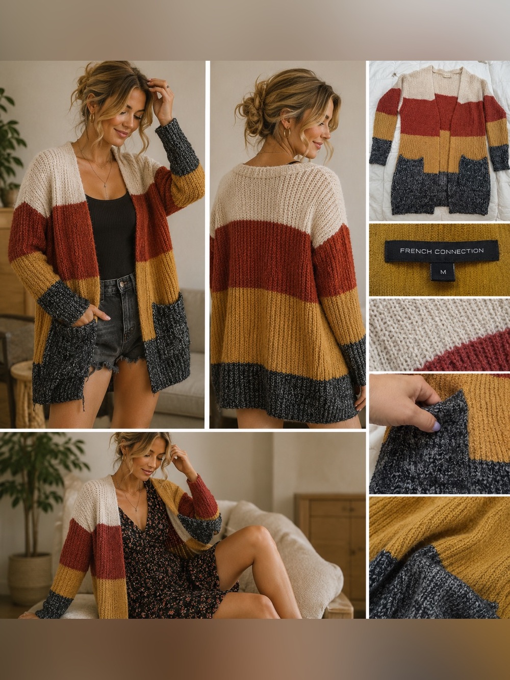 Altar’d State Colorblock Open Front Cozy Cardigan Sweater S/M